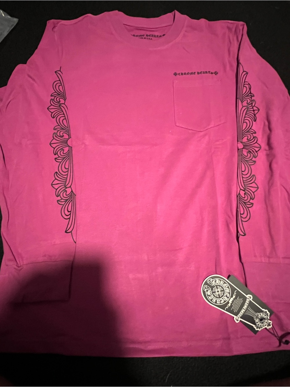 Chrome Hearts Men's Long Sleeve Pocket Tee - Bright Pink with Black Graphic
